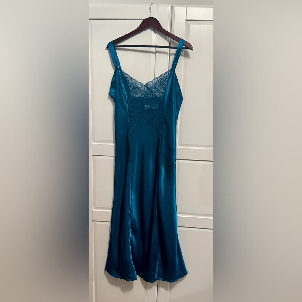 Victoria's Secret Vintage Teal Blue Satin Gown w Lace VS Gold Label Collection L